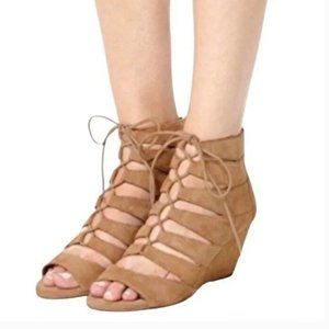 Sam Edelman Womens Santina Beige Caged Lace-Up Wedge Sandals Bootie Heels Sz 7.5